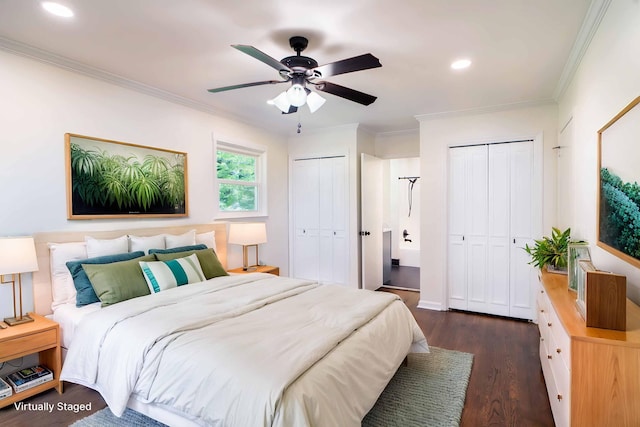 1306 Phyllis Ln, Chattanooga, TN 37421 - bedroom with multiple closets, dark wood-type flooring, crown molding, recessed lighting, and ceiling fan