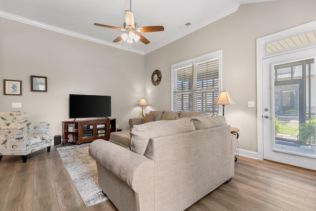 214 Camden Way Unit 38, Dalton, GA 30721 - living room with wood finished floors, a ceiling fan, crown molding, and baseboards