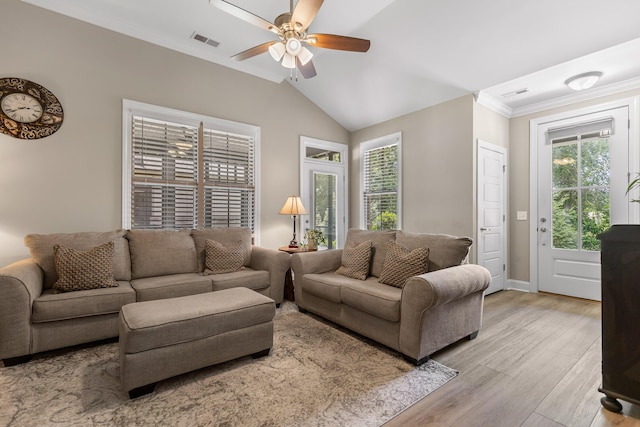214 Camden Way Unit 38, Dalton, GA 30721 - living room featuring ceiling fan, light wood finished floors, ornamental molding, vaulted ceiling, and baseboards