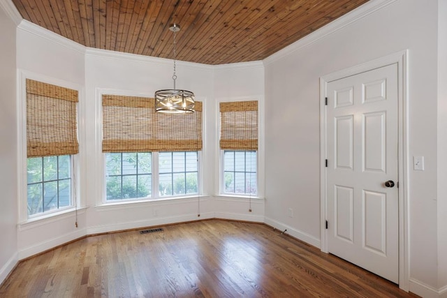 8650 Homecoming Dr, Chattanooga, TN 37421 - empty room with ornamental molding, baseboards, wood finished floors, a chandelier, and wooden ceiling
