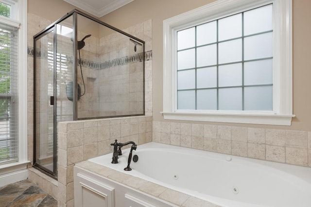 8650 Homecoming Dr, Chattanooga, TN 37421 - full bathroom featuring a tub with jets, a shower stall, ornamental molding, and healthy amount of natural light