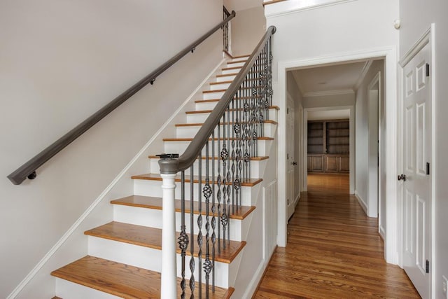8650 Homecoming Dr, Chattanooga, TN 37421 - stairway with wood finished floors, ornamental molding, and baseboards