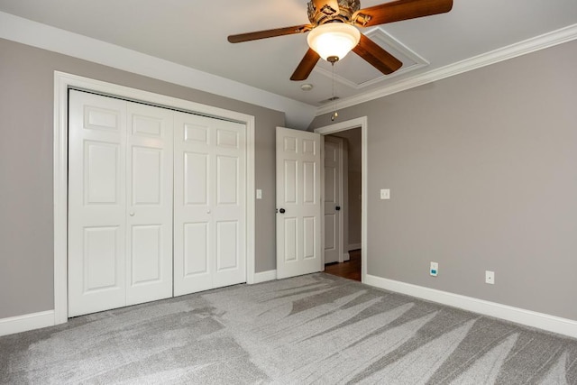 8650 Homecoming Dr, Chattanooga, TN 37421 - unfurnished bedroom with carpet, baseboards, a closet, ornamental molding, and a ceiling fan