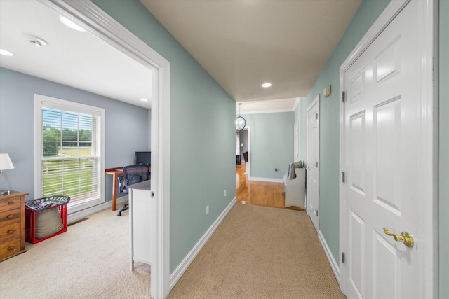 727 E Dumplin Valley Rd, Jefferson City, TN 37760 - corridor featuring light carpet, a desk, baseboards, and recessed lighting