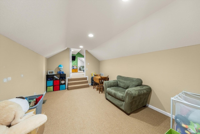 727 E Dumplin Valley Rd, Jefferson City, TN 37760 - rec room featuring carpet flooring, vaulted ceiling, baseboards, and recessed lighting