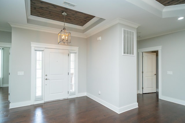 2062 Belleau Village Ln, Chattanooga, TN 37421 - foyer entrance with a raised ceiling, dark wood-type flooring, a chandelier, crown molding, and recessed lighting