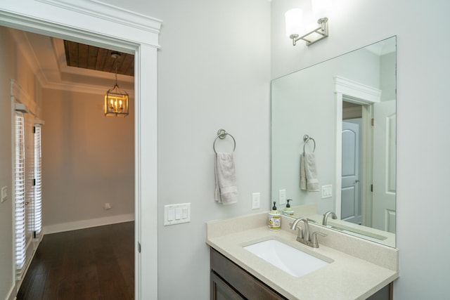 2062 Belleau Village Ln, Chattanooga, TN 37421 - bathroom featuring vanity, wood-type flooring, a chandelier, and wooden ceiling