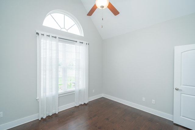 2062 Belleau Village Ln, Chattanooga, TN 37421 - empty room with a ceiling fan, lofted ceiling, and dark wood-style floors