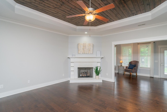 2062 Belleau Village Ln, Chattanooga, TN 37421 - living room with a raised ceiling, a ceiling fan, wood ceiling, a fireplace with raised hearth, and wood finished floors
