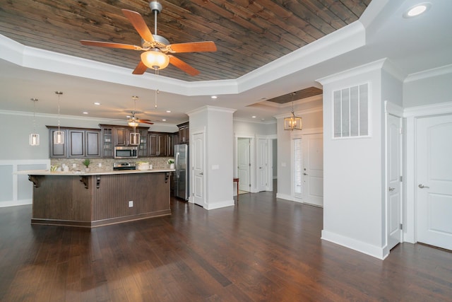 2062 Belleau Village Ln, Chattanooga, TN 37421 - kitchen with a tray ceiling, appliances with stainless steel finishes, dark brown cabinets, a ceiling fan, and light countertops