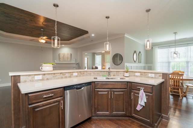 2062 Belleau Village Ln, Chattanooga, TN 37421 - kitchen with stainless steel dishwasher, light countertops, a ceiling fan, ornamental molding, and dark wood-style flooring