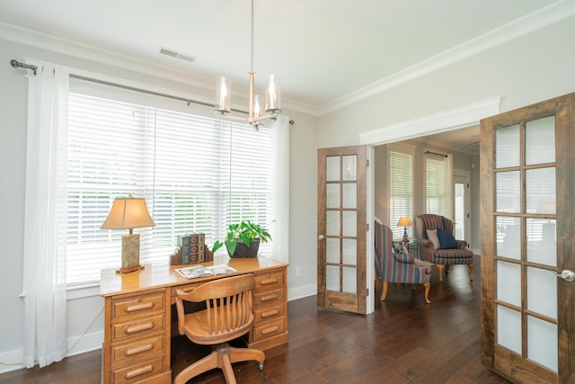 2062 Belleau Village Ln, Chattanooga, TN 37421 - office area with french doors, dark wood finished floors, and ornamental molding