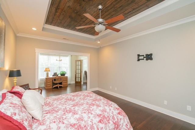 2062 Belleau Village Ln, Chattanooga, TN 37421 - bedroom featuring a raised ceiling, crown molding, dark wood-type flooring, recessed lighting, and wooden ceiling