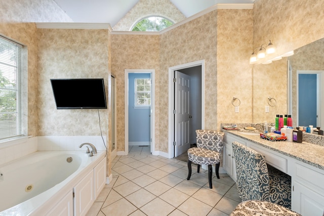 8021 Hamilton Mill Dr, Chattanooga, TN 37421 - full bath featuring tile patterned flooring, vanity, a jetted tub, and vaulted ceiling