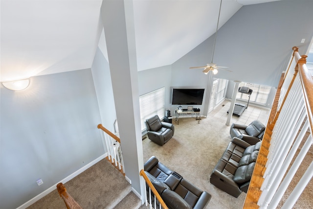 8021 Hamilton Mill Dr, Chattanooga, TN 37421 - carpeted living room featuring a ceiling fan, high vaulted ceiling, and baseboards