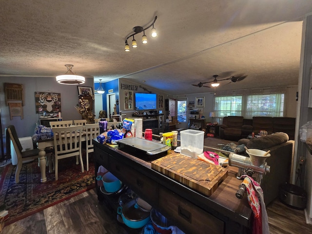 1577 Benton Station Rd, Benton, TN 37307 - dining room with wood finished floors, a textured ceiling, lofted ceiling, and a ceiling fan