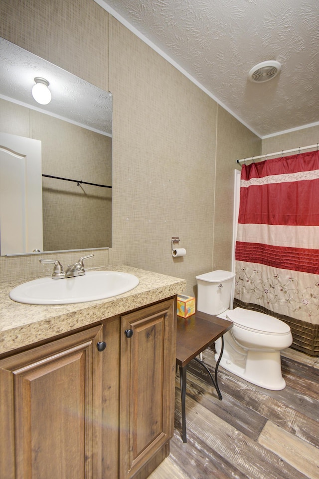 452 Davenport Rd, Resaca, GA 30735 - bathroom featuring ornamental molding, a textured ceiling, wood finished floors, toilet, and vanity