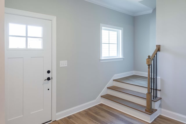 1693 Destiny Dr Unit 16, Hixson, TN 37343 - foyer entrance with wood finished floors, crown molding, baseboards, and stairs