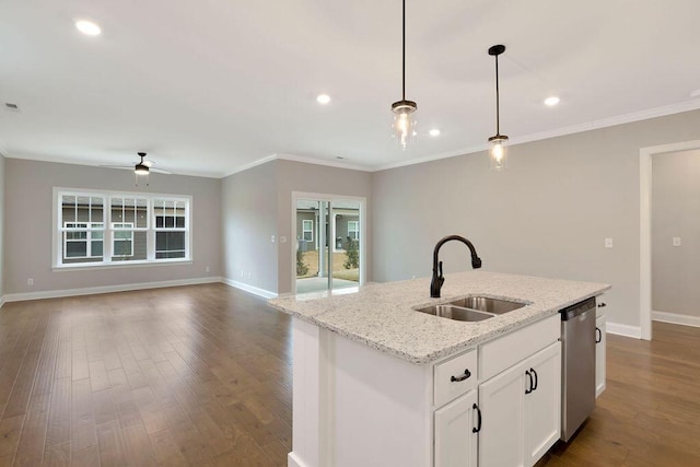 1693 Destiny Dr Unit 16, Hixson, TN 37343 - kitchen featuring a sink, stainless steel dishwasher, ceiling fan, pendant lighting, and dark wood finished floors