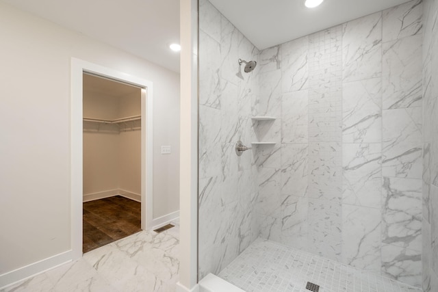 3914 Bennett Rd, Chattanooga, TN 37412 - full bathroom with tiled shower, recessed lighting, a spacious closet, marble finish flooring, and baseboards
