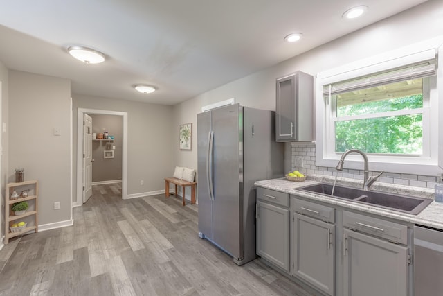 4907 Mccallie Ave, Apison, TN 37302 - kitchen with gray cabinets, stainless steel appliances, decorative backsplash, light wood-style flooring, and recessed lighting
