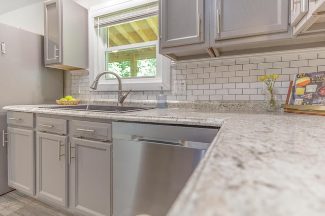 4907 Mccallie Ave, Apison, TN 37302 - kitchen with dishwasher, gray cabinetry, tasteful backsplash, and light wood-style flooring