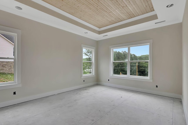 10907 Dolly Pond Rd, Ooltewah, TN 37363 - empty room featuring a tray ceiling, healthy amount of natural light, baseboards, ornamental molding, and wooden ceiling