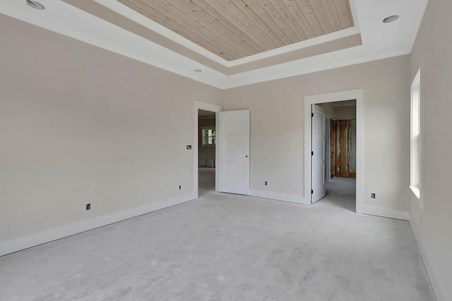 10907 Dolly Pond Rd, Ooltewah, TN 37363 - unfurnished bedroom featuring a raised ceiling, wood ceiling, baseboards, and unfinished concrete floors
