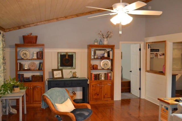 610 Hickory Ridge Trl, Ringgold, GA 30736 - living area with lofted ceiling, wood ceiling, wood finished floors, a ceiling fan, and wainscoting