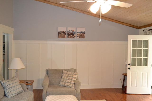 610 Hickory Ridge Trl, Ringgold, GA 30736 - living room featuring a decorative wall, lofted ceiling, a ceiling fan, wood finished floors, and wooden ceiling