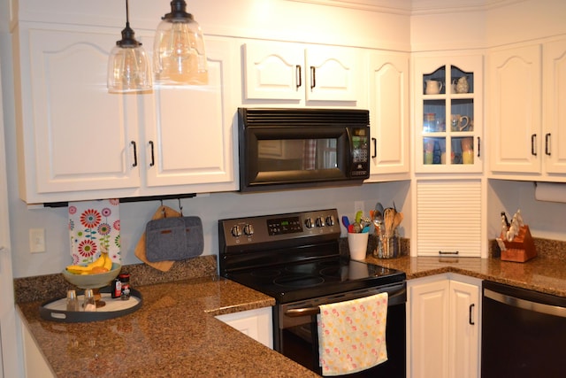 610 Hickory Ridge Trl, Ringgold, GA 30736 - kitchen featuring black microwave, electric stove, dishwasher, white cabinets, and glass insert cabinets