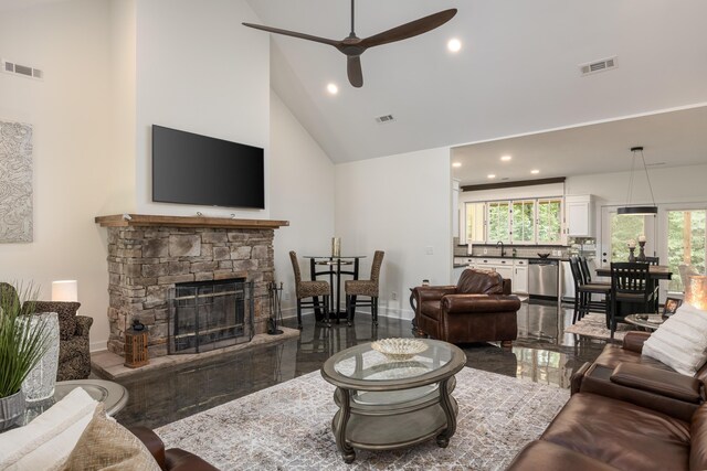 8331 Troubadour Way, Ooltewah, TN 37363 - living room featuring high vaulted ceiling, a fireplace, recessed lighting, a ceiling fan, and baseboards