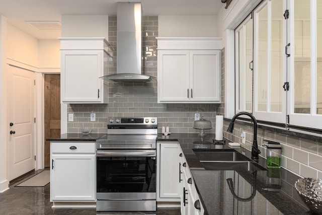 8331 Troubadour Way, Ooltewah, TN 37363 - kitchen featuring stainless steel range with electric cooktop, wall chimney range hood, a sink, backsplash, and white cabinets