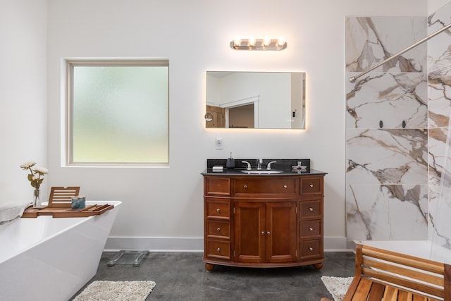 8331 Troubadour Way, Ooltewah, TN 37363 - bathroom with vanity, a freestanding tub, baseboards, and a marble finish shower