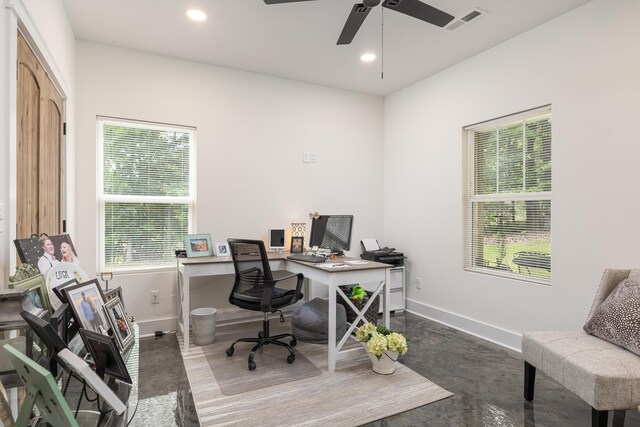 8331 Troubadour Way, Ooltewah, TN 37363 - office space with baseboards, finished concrete floors, a ceiling fan, and recessed lighting