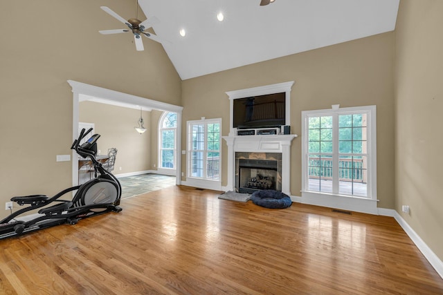 57 Clear Springs Dr, Ringgold, GA 30736 - workout area featuring high vaulted ceiling, a ceiling fan, plenty of natural light, wood finished floors, and a fireplace