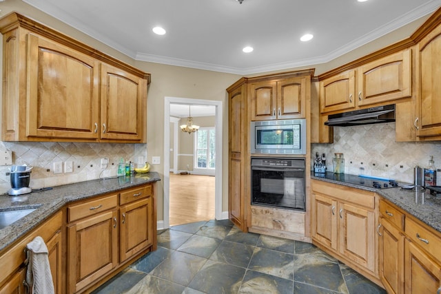 57 Clear Springs Dr, Ringgold, GA 30736 - kitchen with black appliances, under cabinet range hood, dark stone countertops, brown cabinets, and ornamental molding