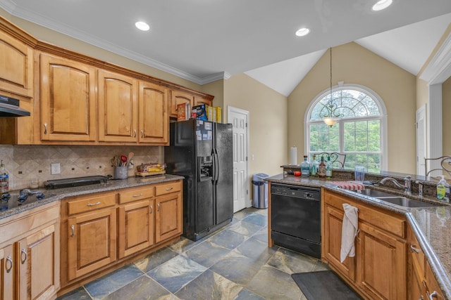 57 Clear Springs Dr, Ringgold, GA 30736 - kitchen with black appliances, a sink, brown cabinetry, lofted ceiling, and dark stone countertops