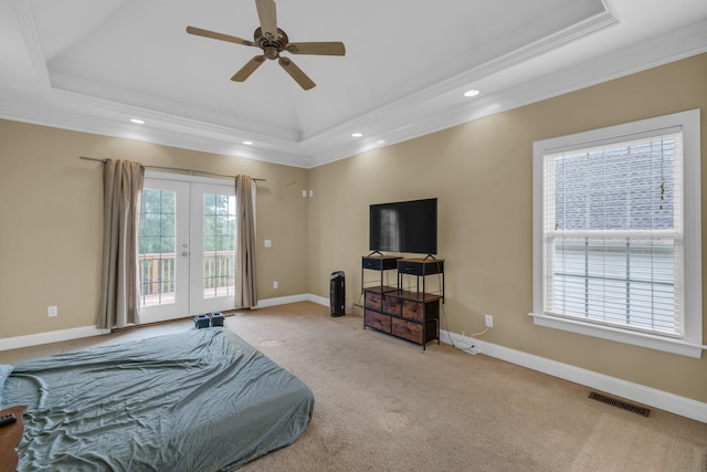 57 Clear Springs Dr, Ringgold, GA 30736 - carpeted bedroom featuring a raised ceiling, crown molding, access to outside, french doors, and recessed lighting