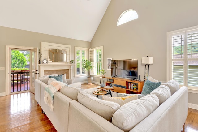3429 Willow Lake Cir, Chattanooga, TN 37419 - living area with high vaulted ceiling, light wood finished floors, baseboards, and a fireplace