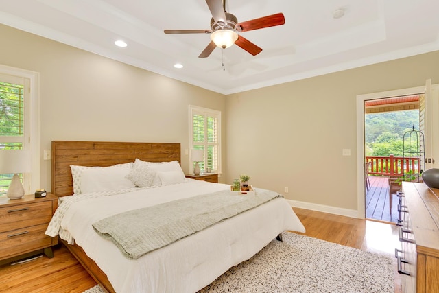3429 Willow Lake Cir, Chattanooga, TN 37419 - bedroom with access to exterior, multiple windows, light wood-style flooring, recessed lighting, and a ceiling fan
