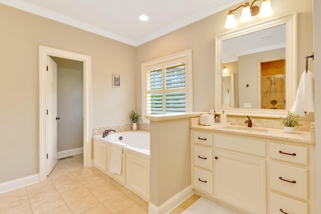 3429 Willow Lake Cir, Chattanooga, TN 37419 - full bathroom with vanity, a bath, tile patterned flooring, a shower, and crown molding