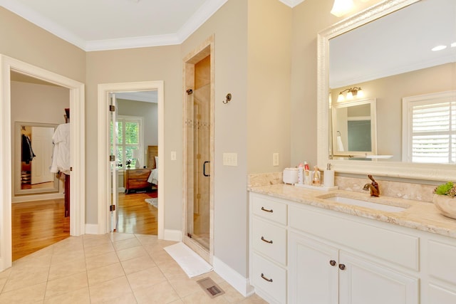3429 Willow Lake Cir, Chattanooga, TN 37419 - full bath featuring vanity, a shower stall, tile patterned flooring, and crown molding