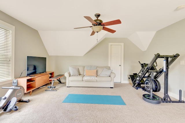3429 Willow Lake Cir, Chattanooga, TN 37419 - workout room featuring ceiling fan, carpet floors, vaulted ceiling, and baseboards