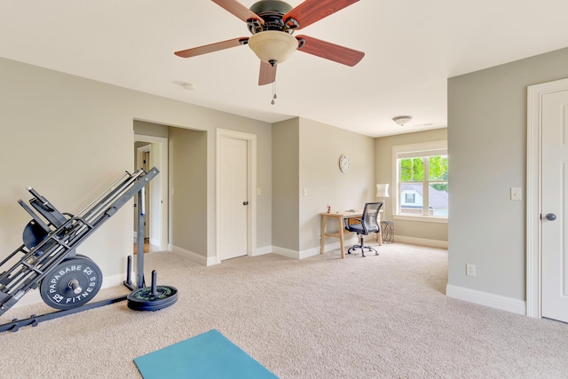 3429 Willow Lake Cir, Chattanooga, TN 37419 - workout area featuring ceiling fan, light colored carpet, and baseboards