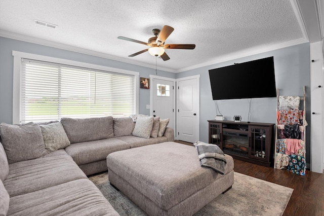 142 Jones Dr, Dunlap, TN 37327 - living room featuring a textured ceiling, a ceiling fan, ornamental molding, and wood finished floors
