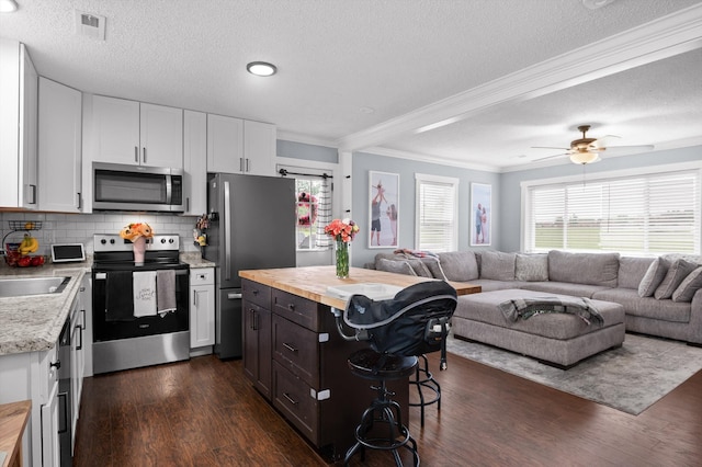 142 Jones Dr, Dunlap, TN 37327 - kitchen featuring stainless steel appliances, open floor plan, ornamental molding, dark wood-type flooring, and white cabinets