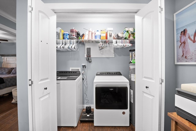 142 Jones Dr, Dunlap, TN 37327 - laundry room featuring separate washer and dryer, ornamental molding, dark wood-style flooring, and water heater
