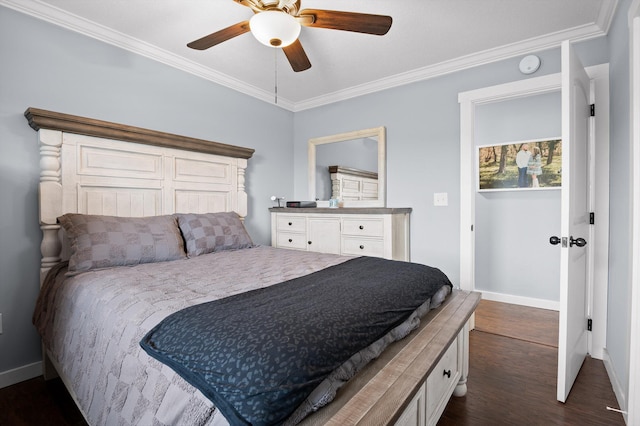 142 Jones Dr, Dunlap, TN 37327 - bedroom featuring baseboards, ornamental molding, dark wood-type flooring, and ceiling fan