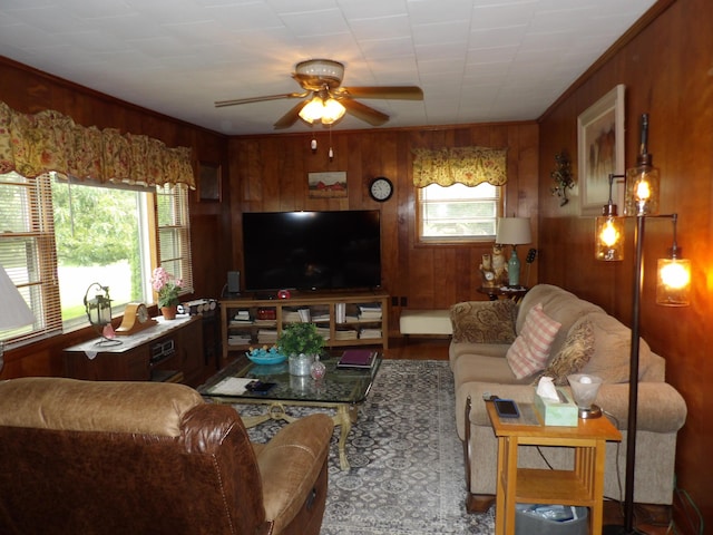 634 Bellvue Cir, Spencer, TN 38585 - living room featuring wooden walls and a ceiling fan